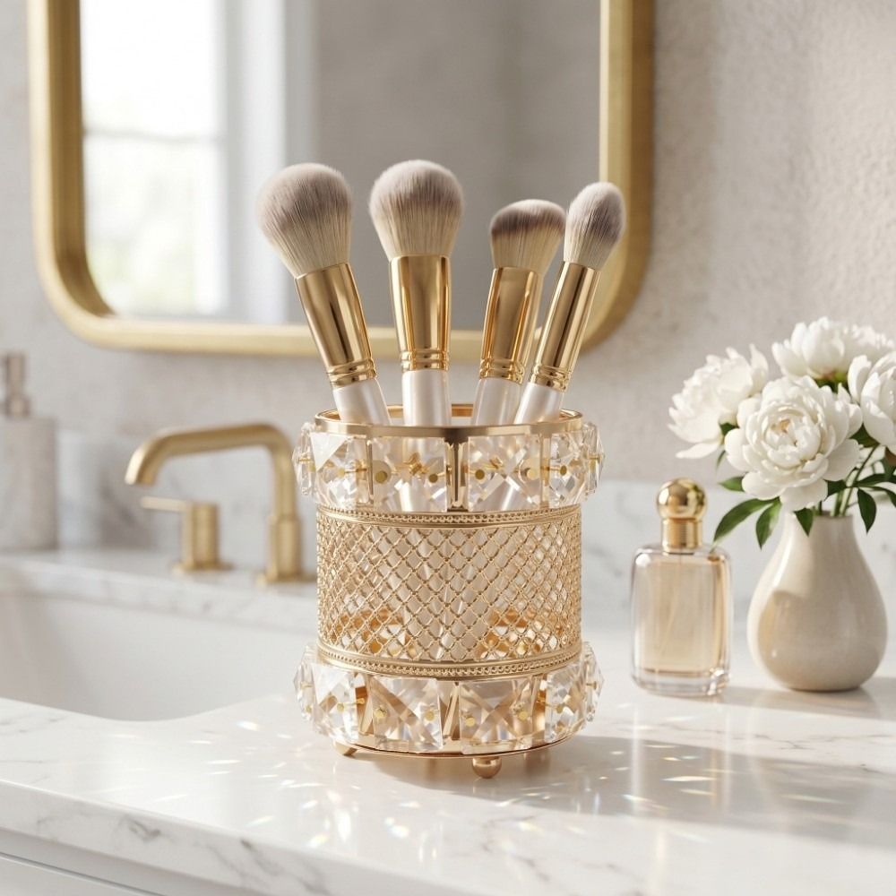 Luxury Skincare And Makeup Brands - 골드 메이크업 브러쉬 홀더 오거나이저 크리스탈